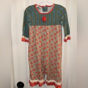 Girls Two-Tone Floral & Stripe Romper with Coral Trim
